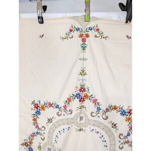 Vintage Hand Embroidered Cross Stitch Tablecloth Linen Large 60'' x 80''